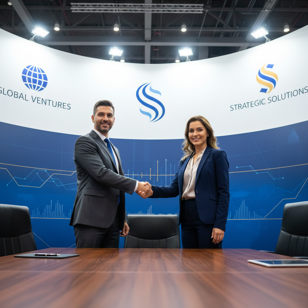 Two business professionals shaking hands after a successful B2B meeting at a trade event