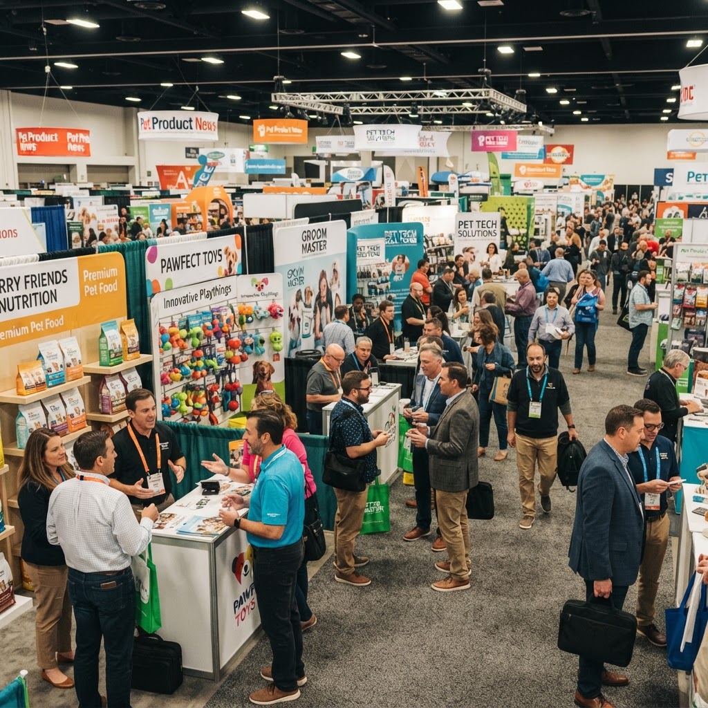 Buyers and exhibitors meeting at a B2B pet industry trade show