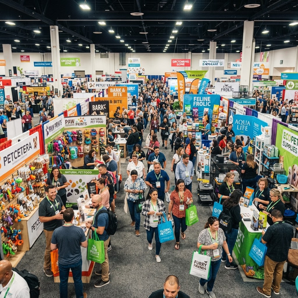 Pet industry trade show with exhibitors and buyers connecting at booths